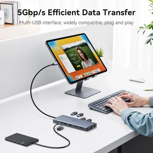 Vista 7 de Estación de acoplamiento USB C con monitor dual para Dell HP, estación de acoplamiento para portátil con 3 monitores, Hub USB C de 15 en 1 con Dock