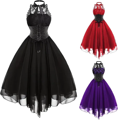 Vista 3 de Vestido de encaje gótico sin mangas para mujer, con corsé, con encaje halter, vestido de cóctel