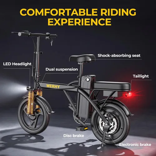 Vista 6 de WERHY Bicicleta eléctrica para adultos, motor de 500 W, bicicleta eléctrica plegable de velocidad máxima de 20 MPH, bicicletas eléctricas de 14