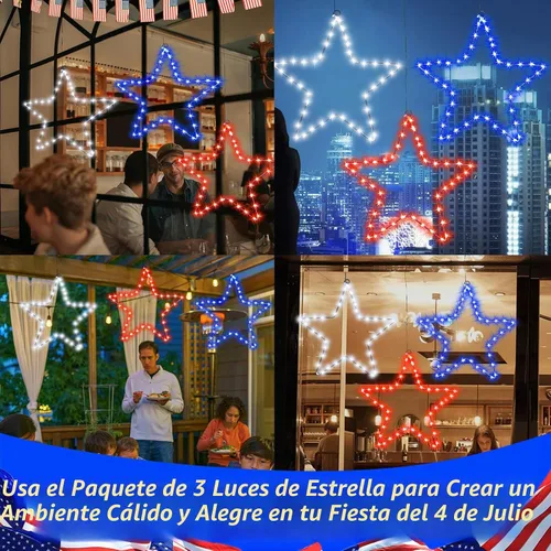Vista 7 de Red White and Blue Lights,3Pack 4th of July Decorations Iron Framed Hanging Patriotic Star Lights 145LED USB Operated Indoor Window Light for Fourth