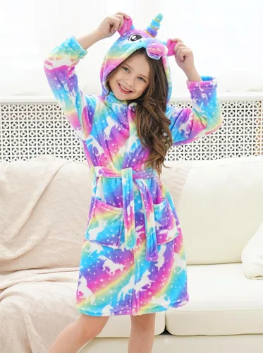 Vista 4 de Doctor Unicorn Bata de baño de forro polar con capucha para niñas pequeñas