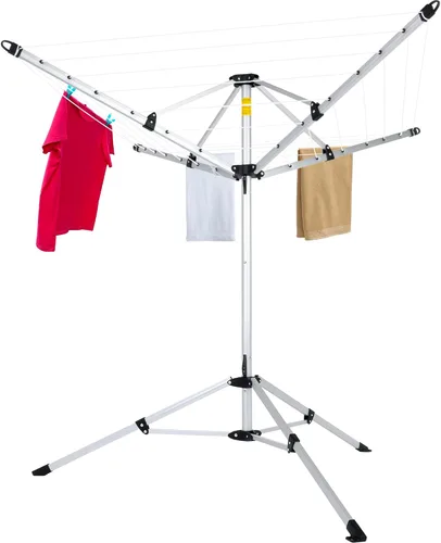 Vista 9 de JS HANGER Estante de secado de ropa portátil para interiores y exteriores con 4 brazos giratorios para perchas, 4 patas, paraguas plegable, secadora