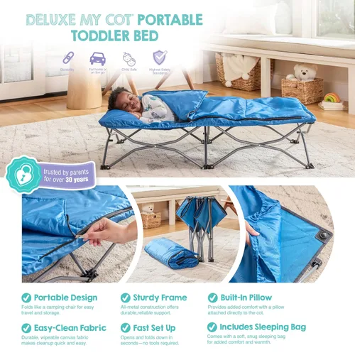Vista 12 de Regalo My Cot Deluxe Cama portátil para niños pequeños, incluye saco de dormir, azul marino