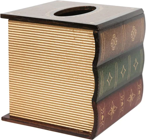Vista 5 de Caja de pañuelos de madera de diseño clásico retro, cubierta de libro antiguo, dispensador cuadrado, soporte de papel, estuche para servilletas