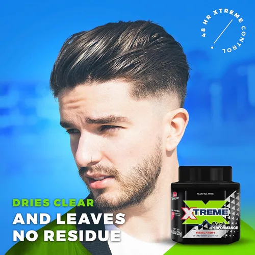 Vista 5 de Xtreme Black Performance Styling Gel para el cabello para hombres, sin alcohol, control Xtreme de 48 horas con aloe vera, tarro de 8.82 onzas