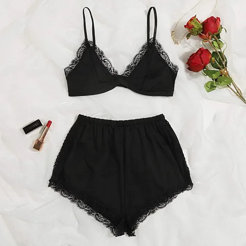 Vista 5 de SweatyRocks - Conjunto de ropa interior de lencería con borde de encaje, bralette con tirantes y calzón para mujer
