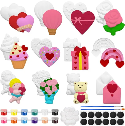 Vista 11 de Sinmoe 12 juegos de kit de arte y manualidades, kit de pintura de cerámica sin pintar DIY, pinta tus propias figuras con 12 imanes, 2 pinceles y 1