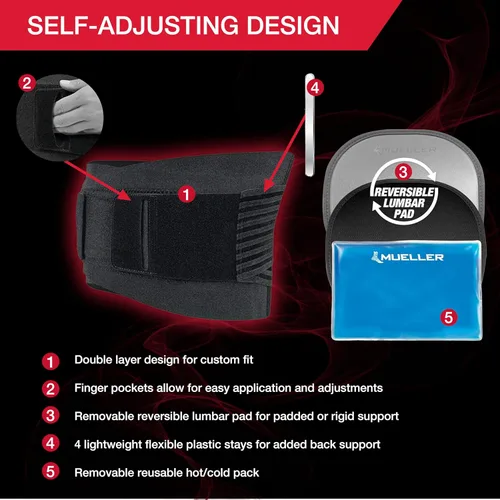 Vista 5 de MUELLER Sports Medicine - Soporte lumbar 4 en 1 con paquete caliente/frío, ideal para dolor de espalda superior e inferior, alivio y apoyo