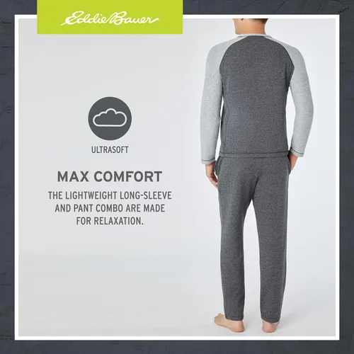 Vista 4 de Eddie Bauer Conjunto de pijama para hombre, cómodo conjunto de camisa raglán y pantalones