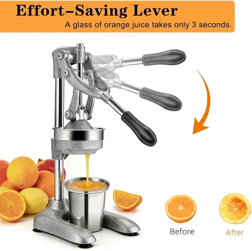 Vista 4 de Exprimidor de hierro fundido de grado comercial, manual de cítricos, de acero inoxidable resistente para naranjas, limones, boquilla de exprimidor