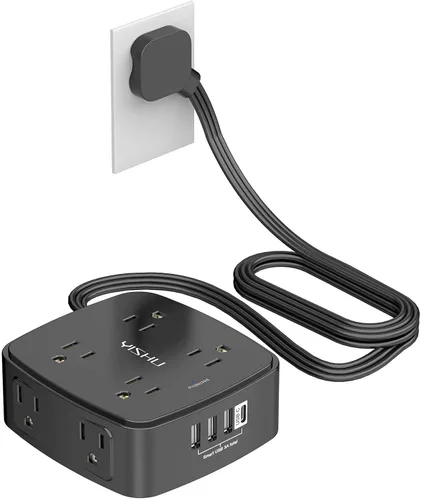 Vista 23 de Regleta de protección contra sobretensiones de 5 pies, 8 tomas amplias con 4 puertos USB, extensor de salida de 3 lados con cable de extensión de 5