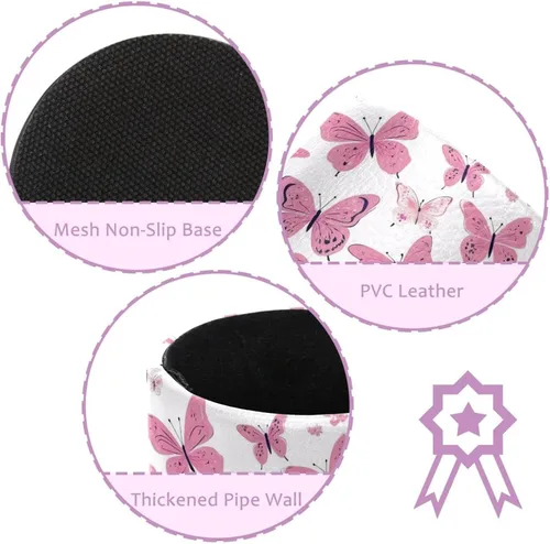 Vista 2 de Taza de PVC para escritorio, taza de lápiz rosa con mariposas para organizador de bolígrafos de escritorio, soporte para brochas de maquillaje