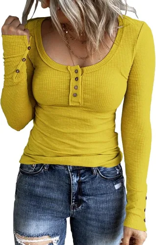 Vista 21 de KINLONSAIR Women Long Sleeve Henley Shirts Scoop Neck T-shirt Basic Tops Verde militar