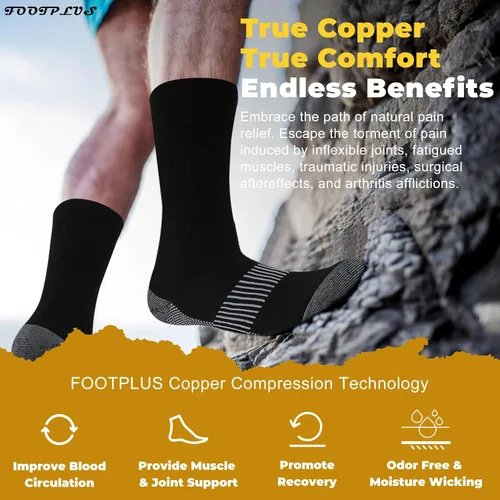 Vista 2 de FOOTPLUS Calcetines de compresión de cobre para senderismo, unisex, con suela acolchada y soporte de arco atlético, calcetines para correr