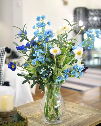Vista 4 de FiveSeasonStuff Real Touch Delphinium Flores artificiales, arreglos de flores silvestres, 6 tallos (azul claro (6 tallos de aerosol)