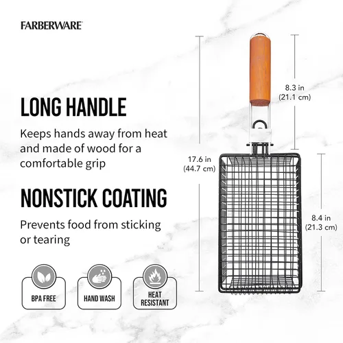 Vista 4 de Farberware 5290488 - Cesta para barbacoa con mango plegable, color negro y madera