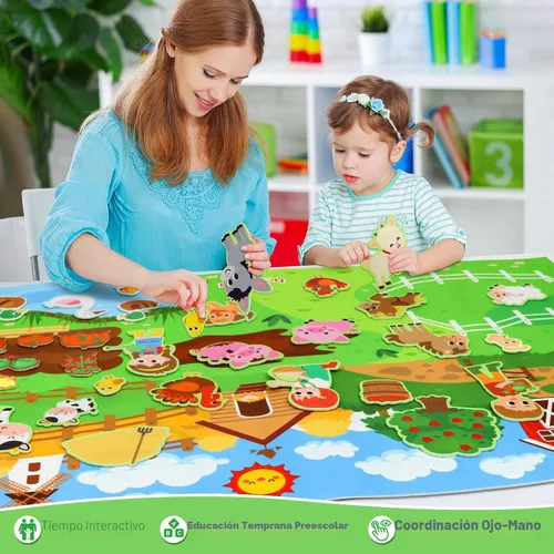 Vista 5 de Juego de tablero de fieltro con temática de granja de animales de Dr.Rapeti 41 piezas para preescolar, tablero ocupado con tema de granja, juego