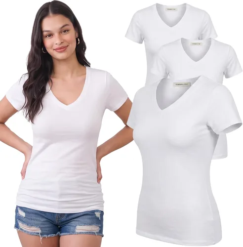 Vista 57 de Emmalise Camiseta de manga corta para mujer, cuello en V, tallas junior y plus