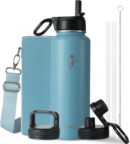 Vista 81 de Coolflask Botella de agua de 24 onzas aislada con pajilla, 3 tapas de metal de acero inoxidable, botella de agua de boca ancha para deportes u