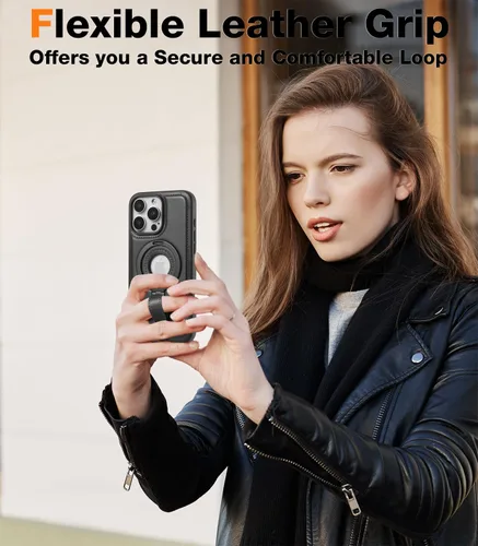 Vista 4 de Butaiga - Funda para iPhone 12 Pro Max con correa de cuero, soporte de anillo, color negro Finger Loop, Relieve Smartphone Pinky Strain