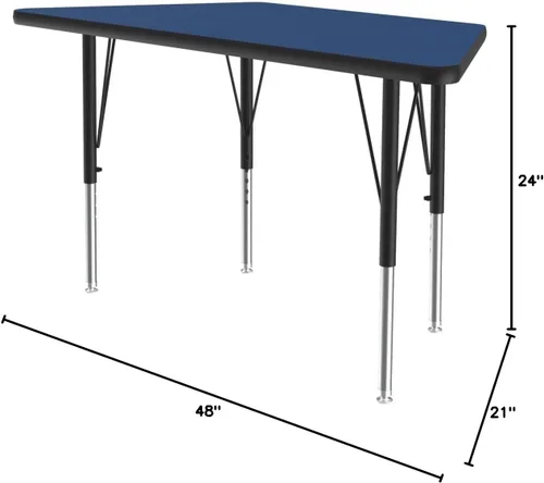 Vista 2 de Correll Mesa de actividades trapezoidal para aula de 24 x 48 pulgadas, altura ajustable, laminado de alta presión duradero azul, muebles escolares