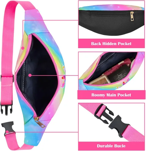 Vista 4 de Riñonera de moda para niños y niñas, con cinturón ajustable, cangurera cruzada con 2 bolsas, bolsa de cinturón para niños para viajes, correr