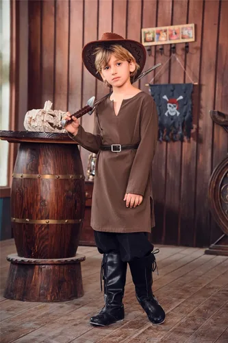 Vista 2 de Kids Boys Medieval Costume Knight Viking Tunics Renaissance Warrior Pirate LARP Halloween Shirts