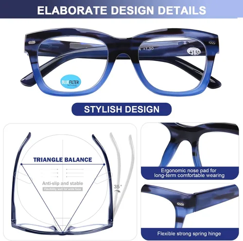 Vista 5 de AQWANO Oversized Design Reading Glasses Women/Men, Computer Blue Light Blocking Square Readers