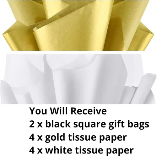 Vista 3 de JUNESHE Bolsas de regalo cuadradas pequeñas con papel de seda, color negro, paquete de 2, 5.9 pulgadas Bolsas de papel con asas para cumpleaños