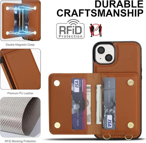 Vista 5 de Funda de teléfono para iPhone 13 Mini de 5.4 pulgadas con protector de pantalla, correa cruzada para muñeca, bloqueo RFID, tarjetero de crédito