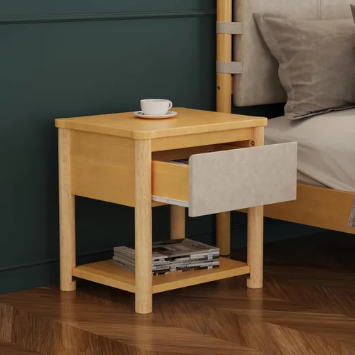 Vista 5 de Merax Moderno juego de base de cama Queen con 2 mesitas de noche, cama de plataforma de madera beige con cabecero y mesitas de noche a juego