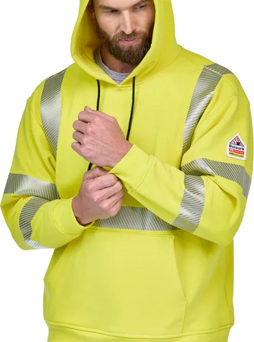 Vista 3 de Bulwark FR Men's Hi-Visibility Pullover Hooded Fleece Sweatshirt, Yellow/Green