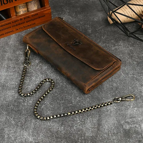 Vista 55 de Genuino Caballo Loco Cuero Regalo de Viaje Moneda Bolsillo Tarjetero Organizador Largo Cadena Rfid Cartera Monedero Con Broche Para Hombres Hombres