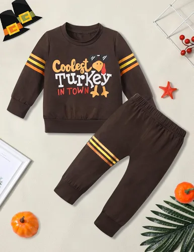 Vista 4 de WIQI Toddler Baby Boy Thanksgiving Outfit Turkey Letter Print Long Sleeve Striped Tops + Long Pants Thanksgiving Outfit Set