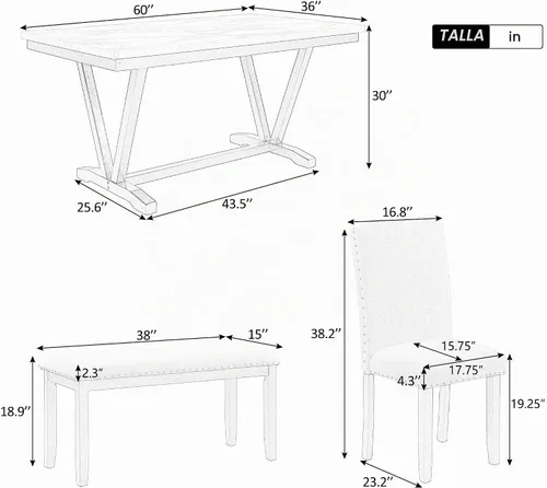 Vista 3 de Merax Juego de mesa de comedor de 6 piezas con banco, mesa de comedor rectangular con 4 sillas tapizadas y un banco, juego de sillas de mesa