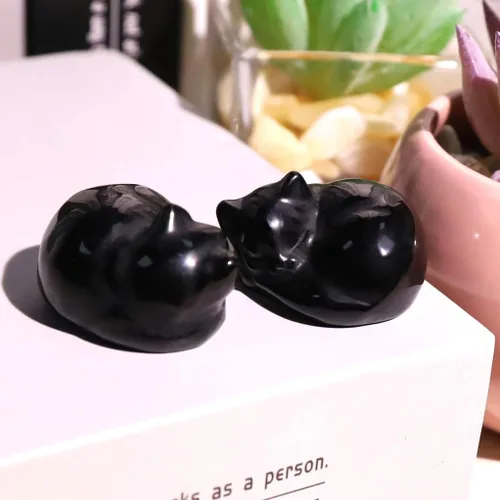 Vista 5 de QINJIEJIE Estatua de Gato de Obsidiana Negra Decoración de Cristales y Piedras Curativas Figura de Gatos Durmiendo Piedra Estatua Regalo Gemas