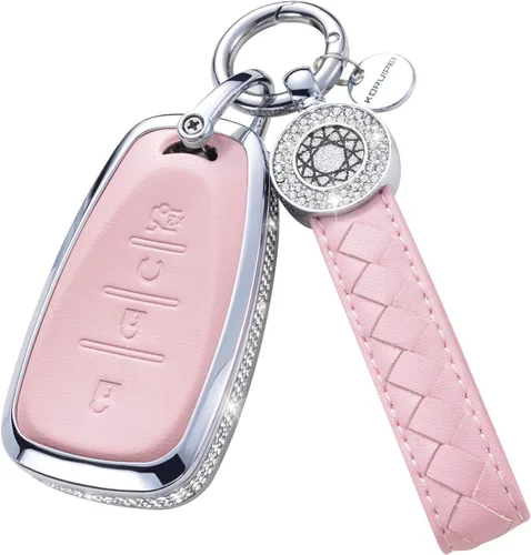 Vista 14 de Funda para llave inteligente con llavero, de piel auténtica color rosa, con cristales, carcasa protectora