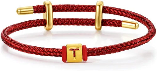 Vista 22 de ZHOU LIU FU Pulsera de Oro de 24K con Dijes de Iniciales, Pulseras Ajustables de Cadena Roja con Dijes de Letras y Corazón A-Z, Brazalete Apilable