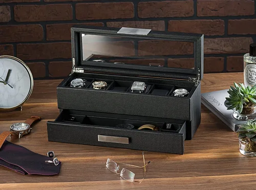 Vista 2 de Caja de reloj con cajón de Valet para hombre - organizador de exhibición de la caja de reloj de lujo de 6 ranuras, diseño de fibra de carbón