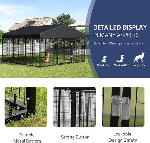 Vista 3 de Caseta de perro para exterior con valla para perros pequeños y medianos, recubrimiento antióxido, jaula con techo, resistente a todas