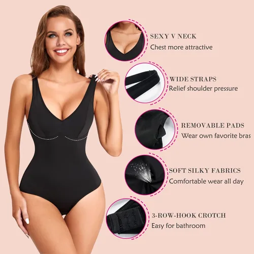 Vista 2 de Nebility Entrenador de cintura para mujer faja moldeadora de cuerpo sexy cuello en V profundo tanga con control de abdomen
