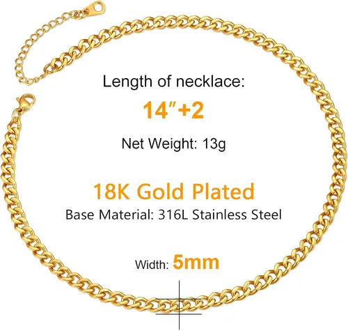Vista 6 de ChainsPro 14-30" Mens Sturdy Miami Cuban Chain Necklace, 57912MM Width, 316L Stainless Steel18K Gold Plated-Durable Clasp (Send Gift Box)