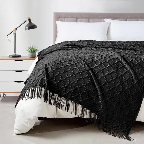 Vista 28 de Bourina Manta de punto decorativa con textura, unicolor y suave, para sofá, 50 x 60 pulgadas, almendra Knitted Throw Blanket 50x60 Inches, Soft