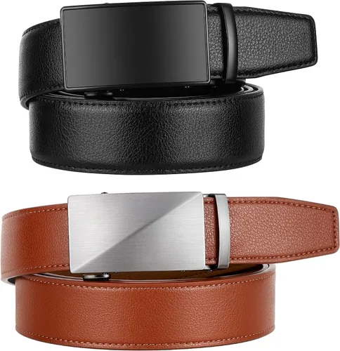 Vista 2 de Zitahli Cinturón de trinquete para hombre, 2 paquetes de cinturones de cuero para hombre, para regalo, vestido e informal, recortado para adaptarse