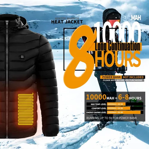 Vista 4 de Snullo Chaqueta acolchada con calefacción eléctrica para hombre, capucha aislada, cortavientos, 4 zonas de calor (batería no incluida)