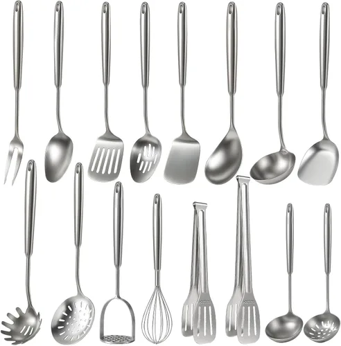 Vista 14 de Newness - Juego de utensilios de cocina de acero inoxidable 304, accesorios de cocina de metal, incluye cucharón de sopa, cuchara ranurada, cuchara