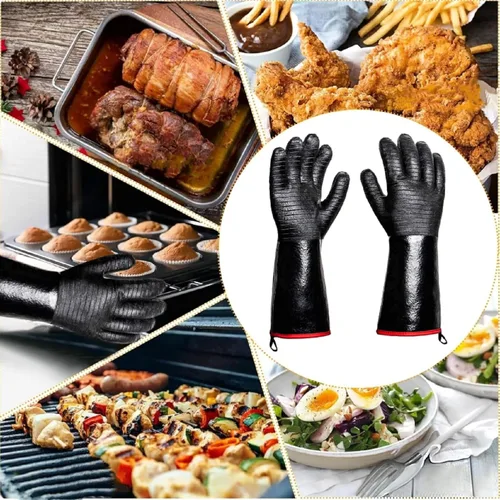 Vista 6 de Guantes de barbacoa – Guantes gruesos resistentes al calor de 1472 °F con gancho en S, guantes de horno de cocina de 14 pulgadas, guantes