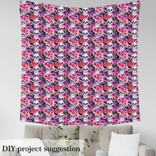 Vista 3 de The Yard - Tela de esqueleto de flores en acuarela para sillas, exótica, tribal, floral, estampado de calavera, tela de tapicería para artes, plumas