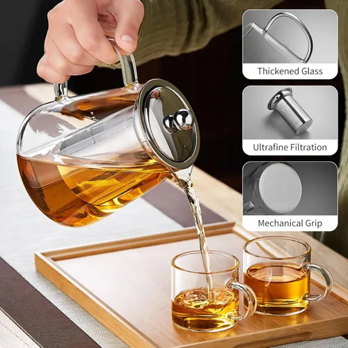 Vista 3 de Tetera de vidrio de 32.1 fl oz, hervidor de té de vidrio de borosilicato con infusor de acero inoxidable desmontable, tetera transparente para té