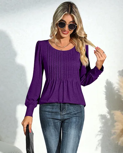 Vista 3 de Ficerd Blusa plisada de manga corta abombada para mujer, cuello redondo, elegante, casual, holgada, para primavera y verano